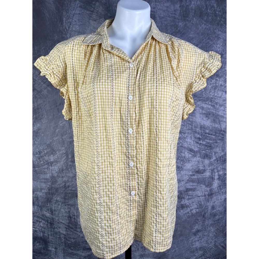 Max Studio Button Down Top Womens L Yellow Gingham Ruffle Sleeve 1706B35